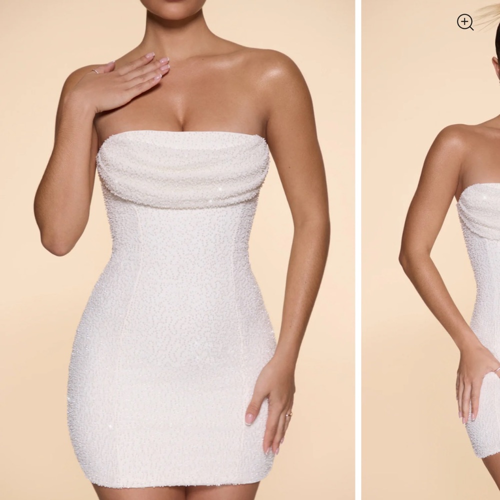 Oh Polly Embellished Strapless Cowl Neck Mini Dress in Ivory